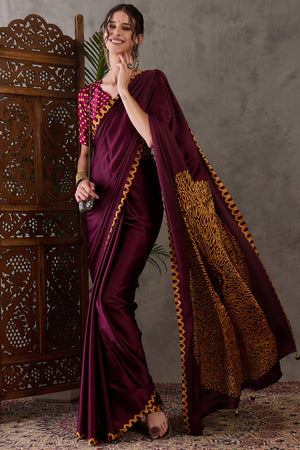 Wine Free Style Printed Modal Satin Party Wear Saree with a Smooth Satin Drape