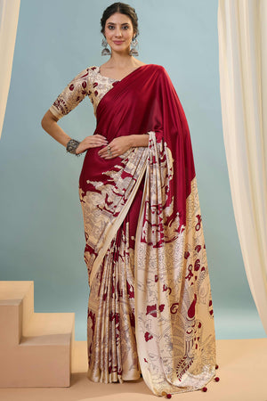 Red Kalamkari Style Modal Satin Saree Featuring Intricate Artistic Prints