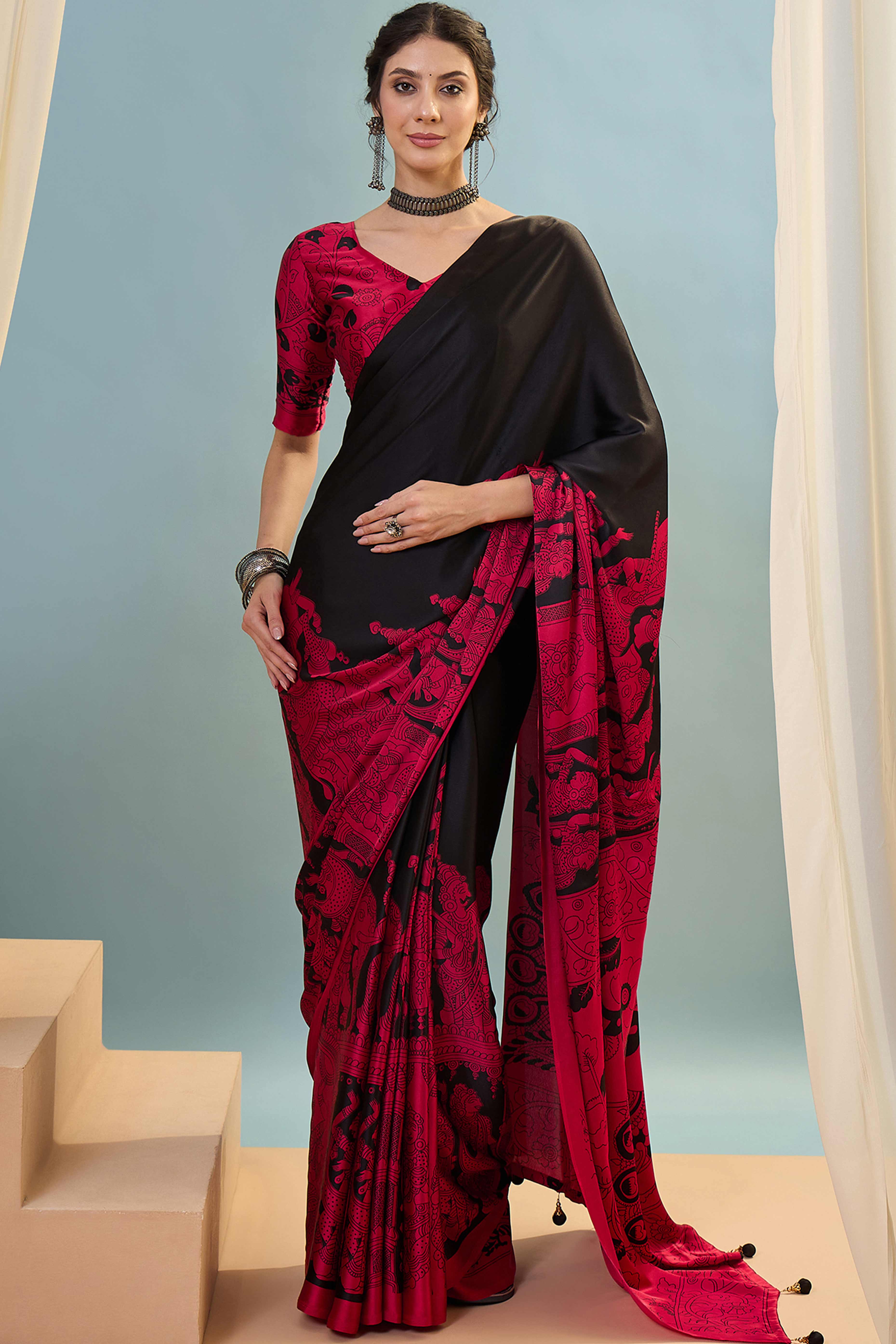 Black & Pink Kalamkari Style Modal Satin Saree Featuring Intricate Artistic Prints