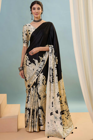 Black & Cream Kalamkari Style Modal Satin Saree Featuring Intricate Artistic Prints
