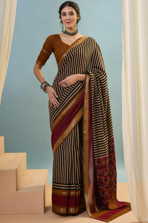 Mustard Striped Printed Viscose Saree with a Subtle Zari Finish