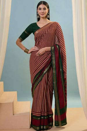 Maroon Striped Printed Viscose Saree with a Subtle Zari Finish
