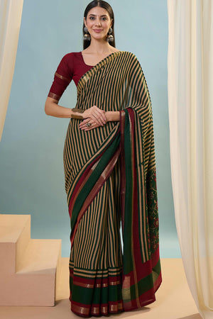Green Striped Printed Viscose Saree with a Subtle Zari Finish