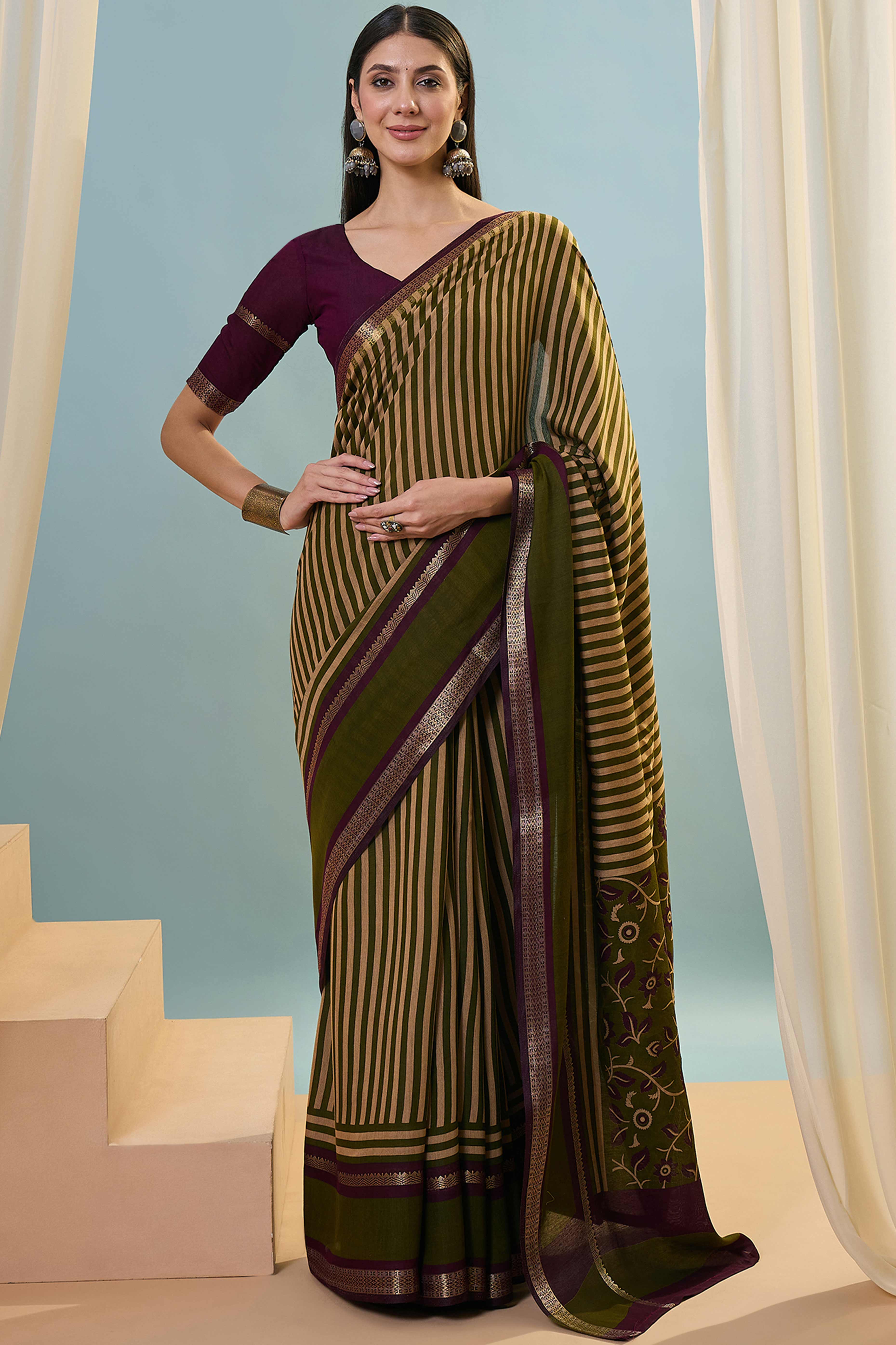 Mehendi Green Striped Printed Viscose Saree with a Subtle Zari Finish