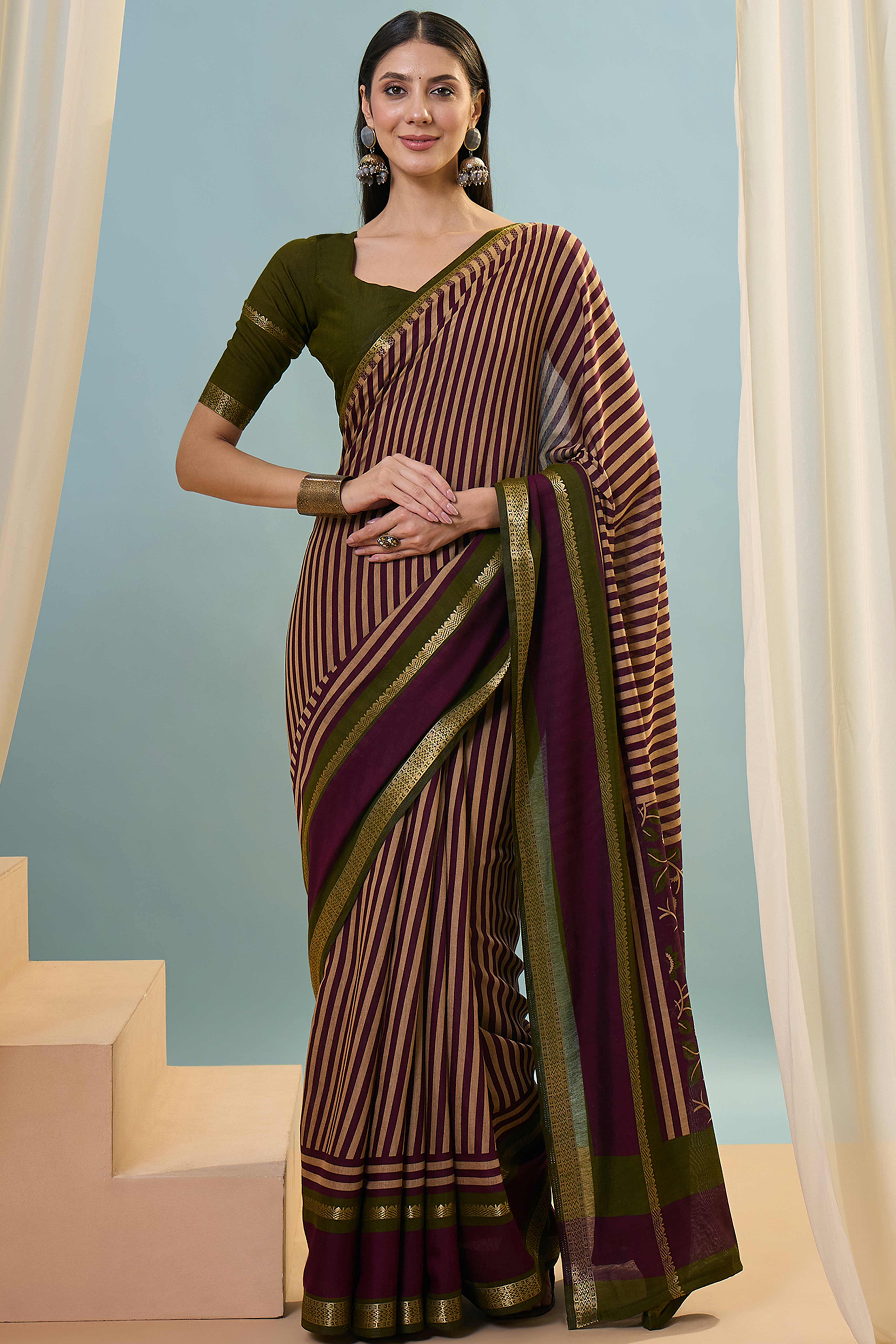 Wine Striped Printed Viscose Saree with a Subtle Zari Finish