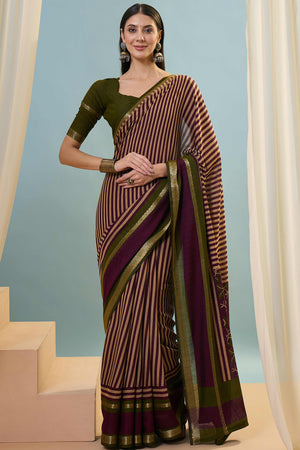 Wine Striped Printed Viscose Saree with a Subtle Zari Finish