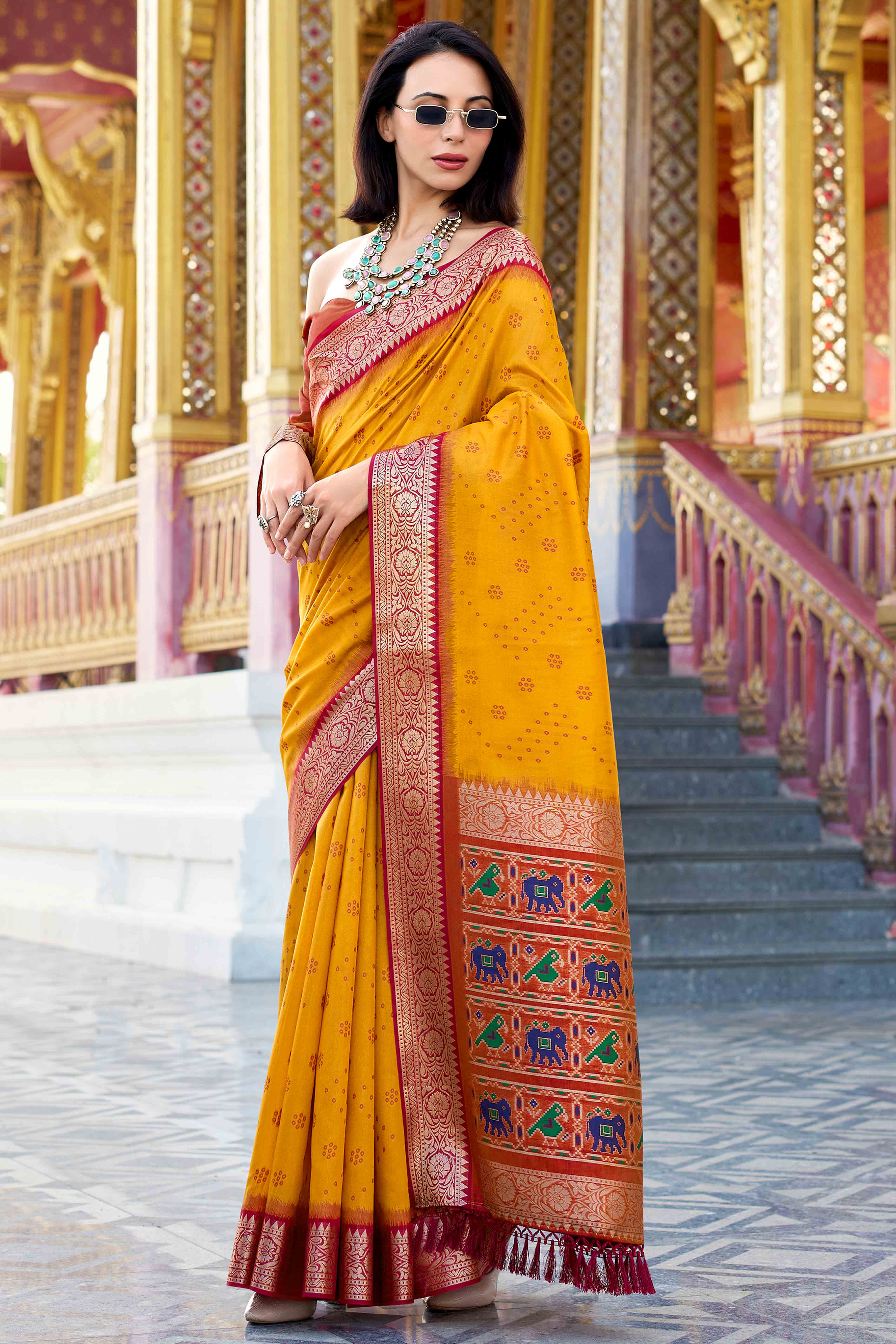 Silk Blend Woven Bandhani Saree In Mustard With Contrasting Patola Pallu