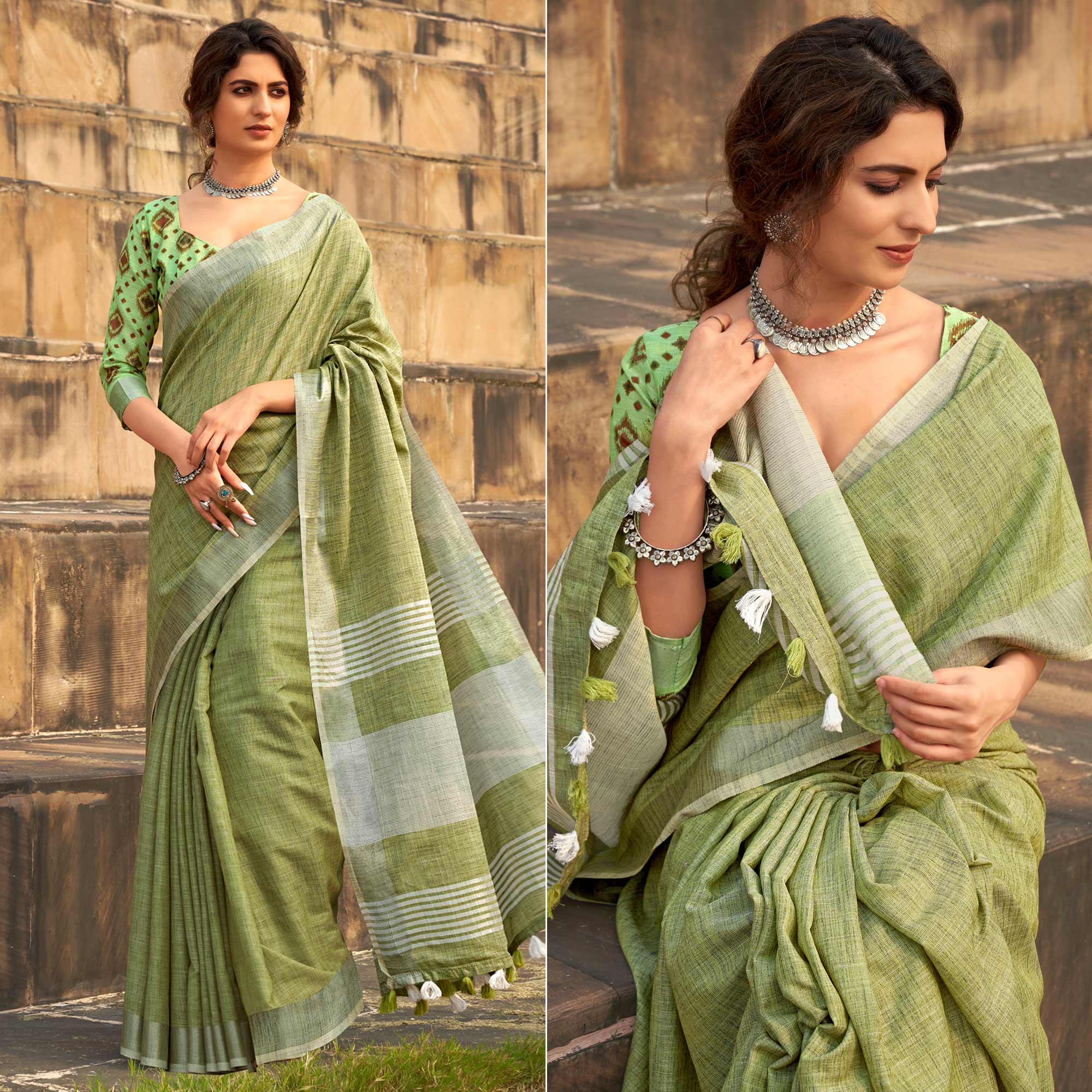 Rama Green Striped Printed Linen Saree With Tassels