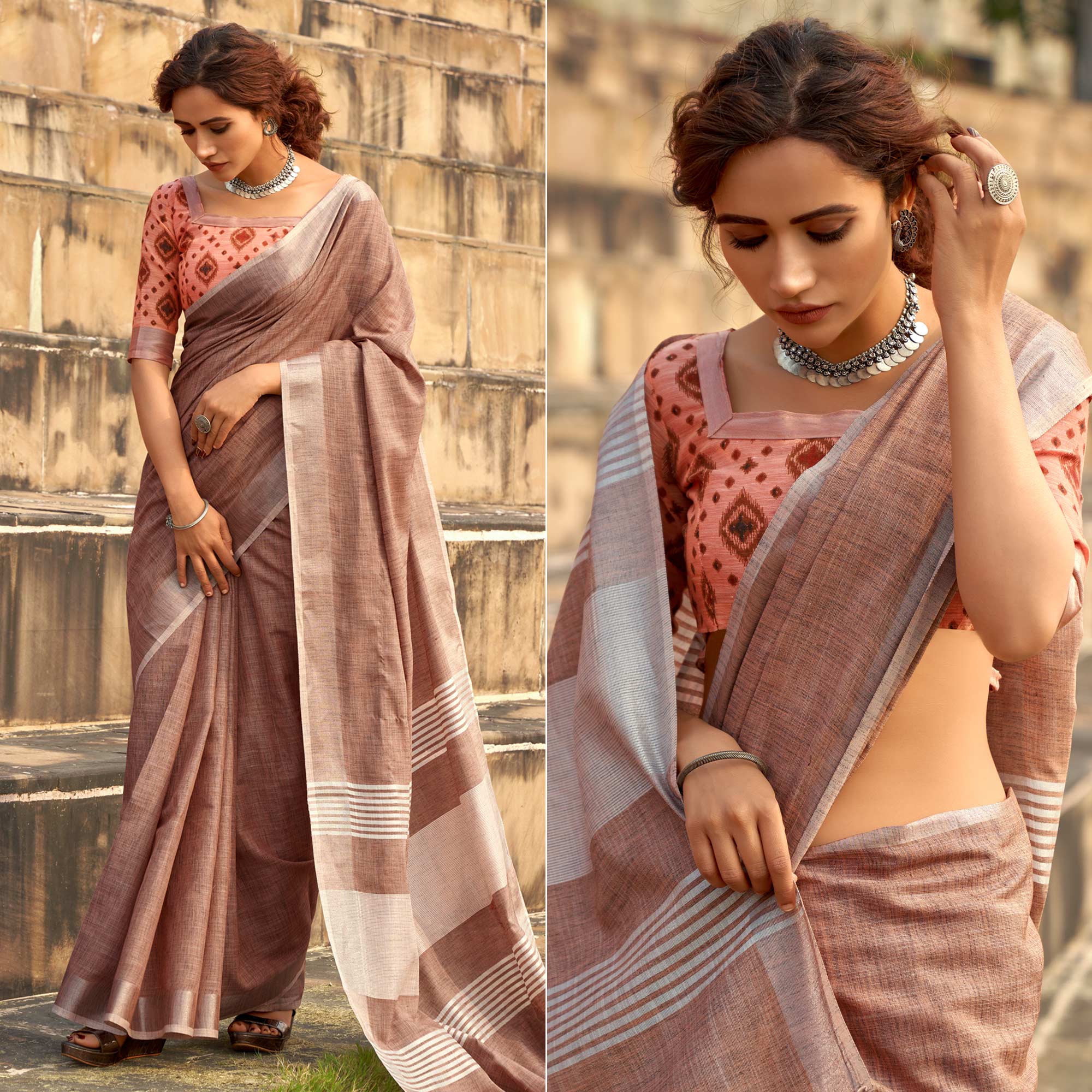 Brown Striped Printed Linen Saree With Tassels