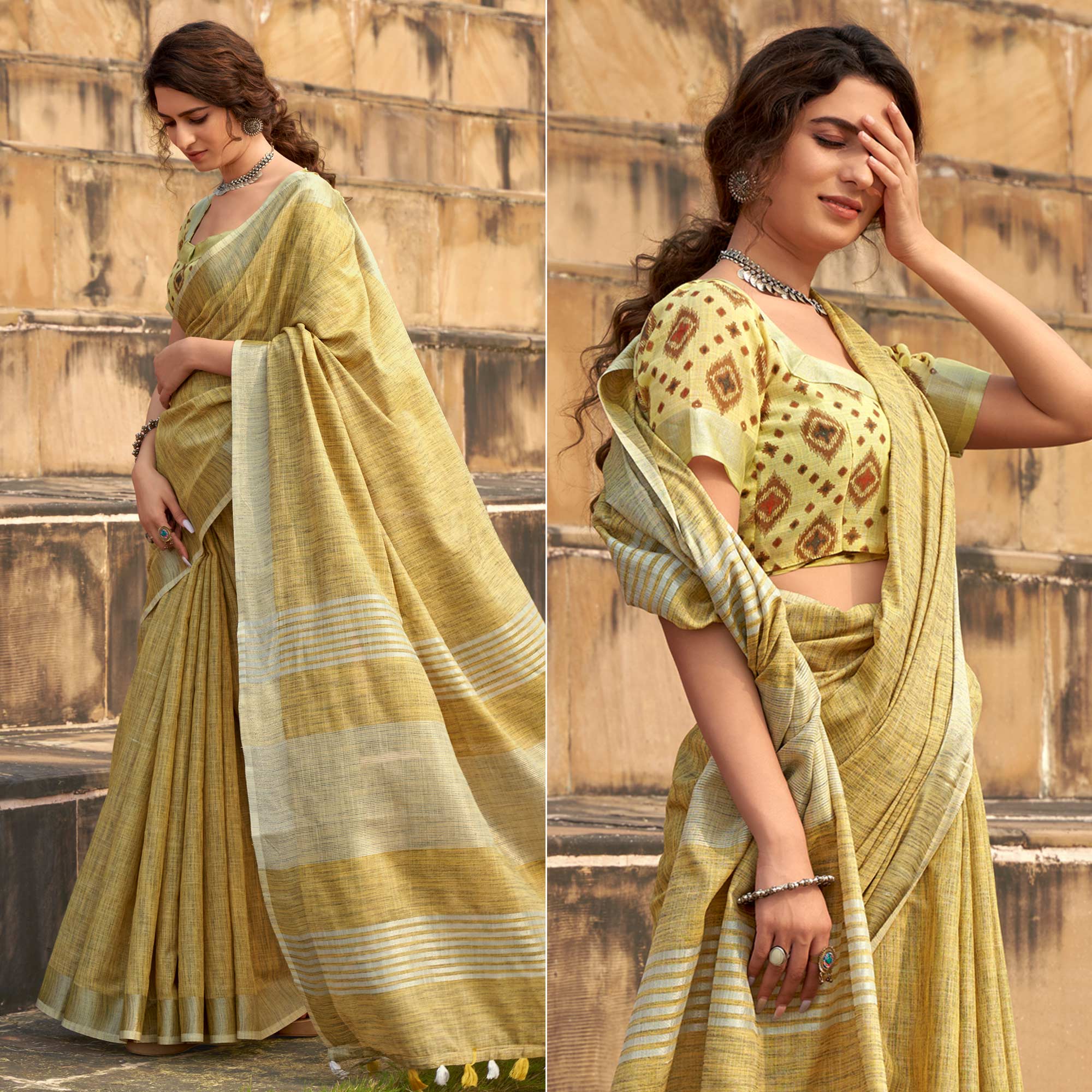 Yellow Striped Printed Linen Saree With Tassels