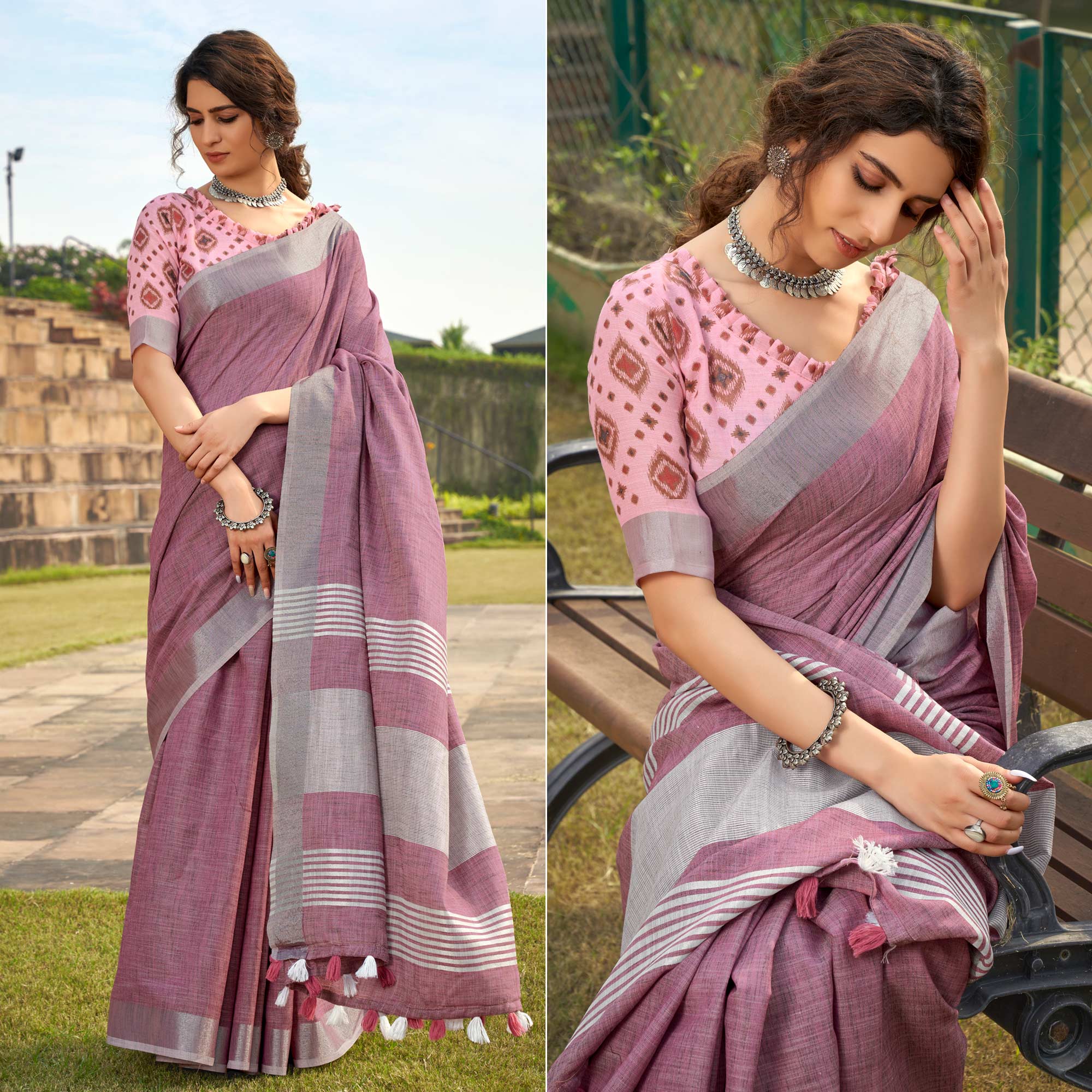 Mauve Striped Printed Linen Saree With Tassels