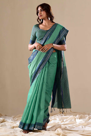 Sea Green Khaadi Saree with Elegant Solid Body and Contrast Weaving Border