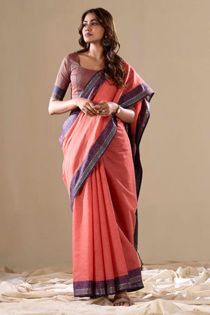 Peach Khaadi Saree with Elegant Solid Body and Contrast Weaving Border