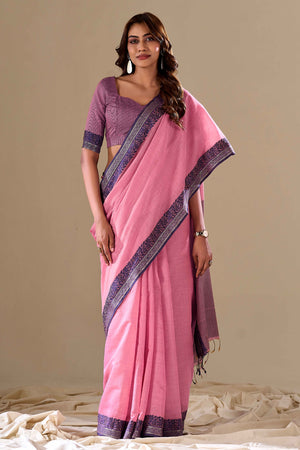 Pink Khaadi Saree with Elegant Solid Body and Contrast Weaving Border