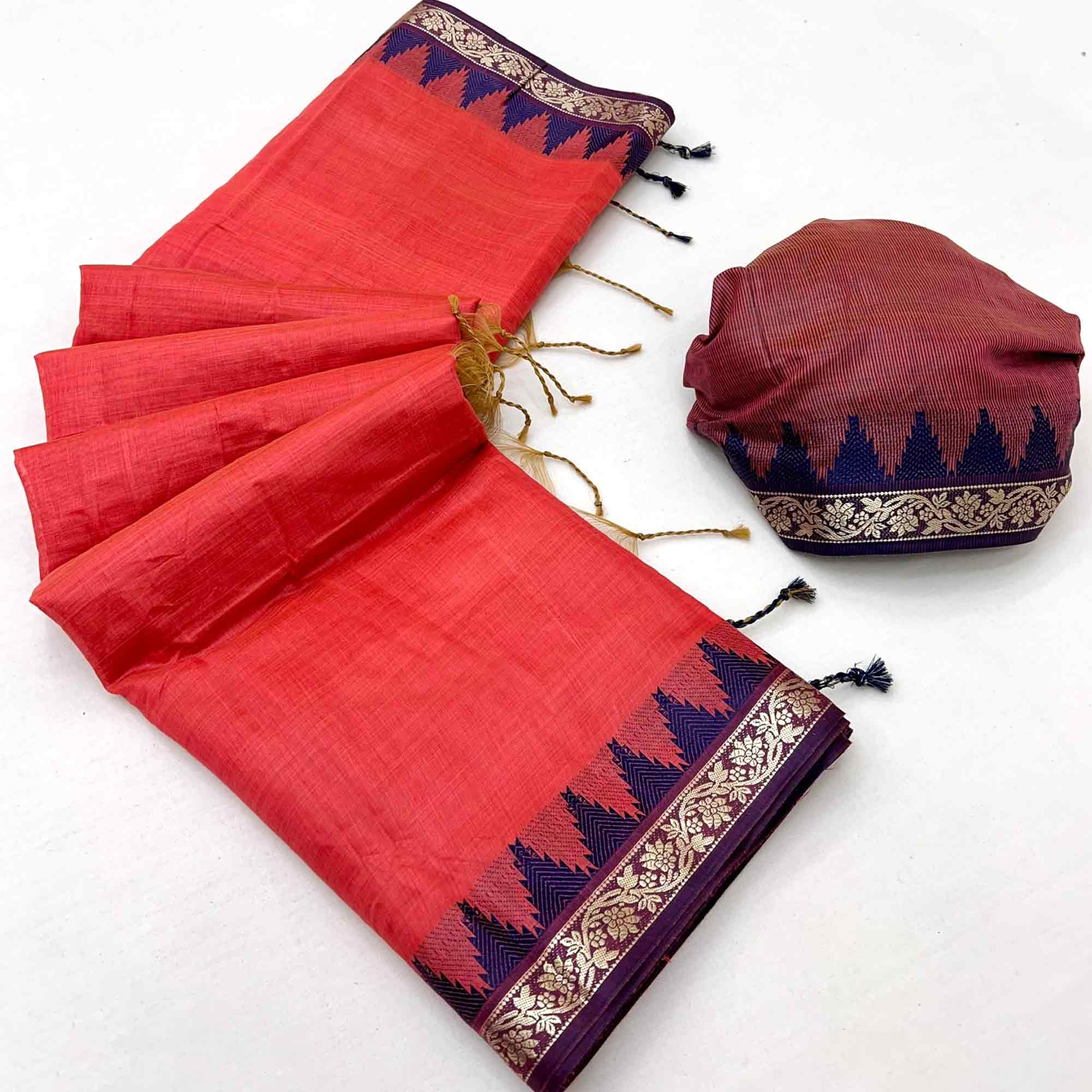 Coral Red Pure Silk Handloom Saree with Intricate Jacquard Weave