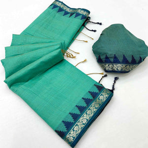 Turquoise Pure Silk Handloom Saree with Intricate Jacquard Weave