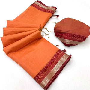 Orange Pure Handloom Silk Saree with an Elegantly Woven Jacquard Border