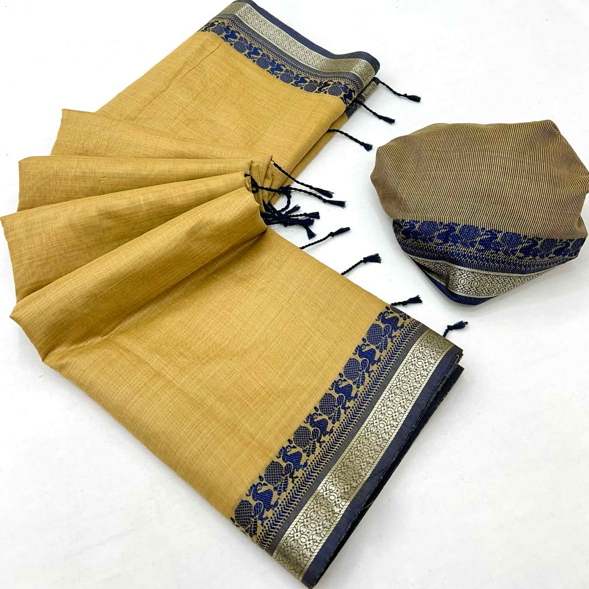 Mustard Pure Handloom Silk Saree with an Elegantly Woven Jacquard Border