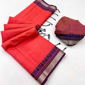 Coral Red Pure Handloom Silk Saree with an Elegantly Woven Jacquard Border