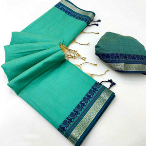 Turquoise Pure Handloom Silk Saree with an Elegantly Woven Jacquard Border