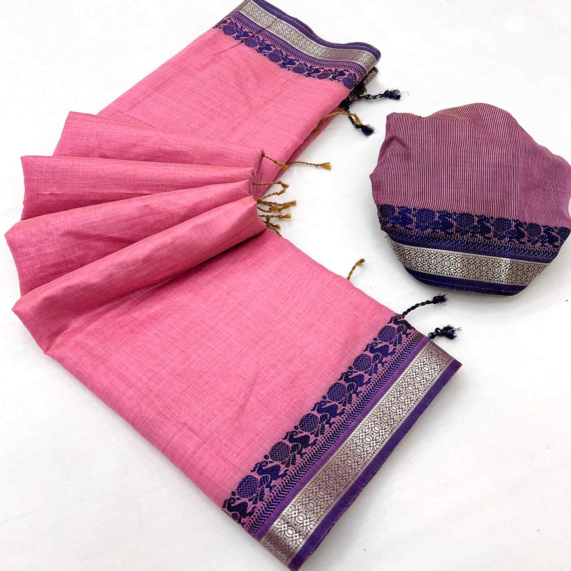 Pink Pure Handloom Silk Saree with an Elegantly Woven Jacquard Border