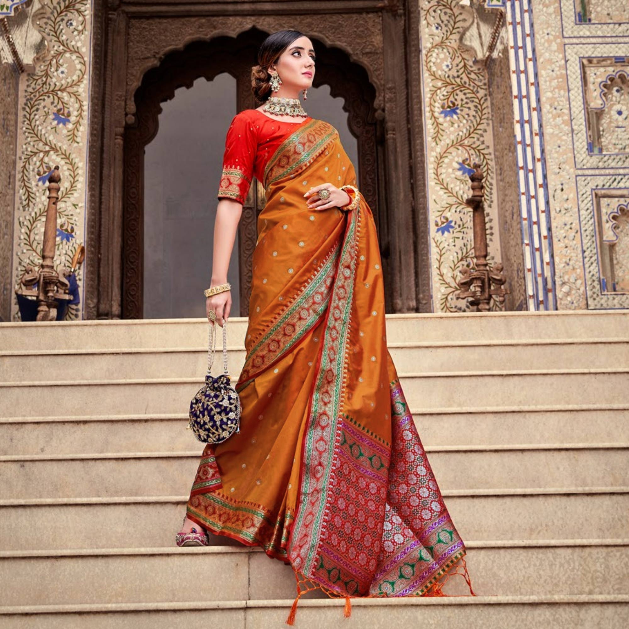 Orange Woven Pure Silk Saree With With Tassels