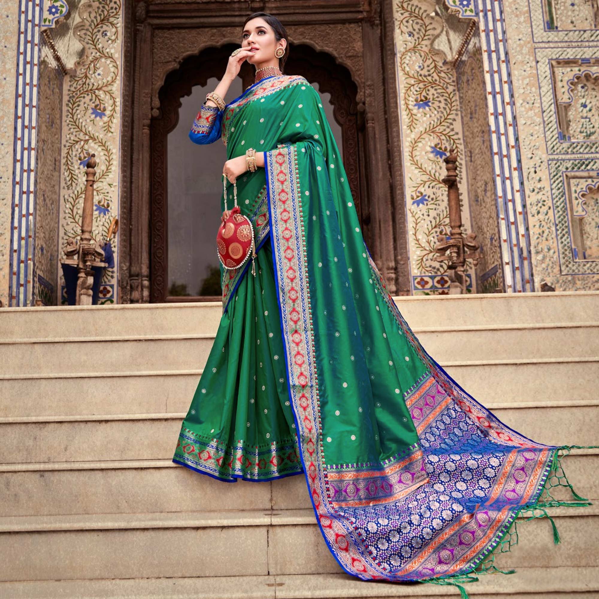 Rama Green Woven Pure Silk Saree With With Tassels