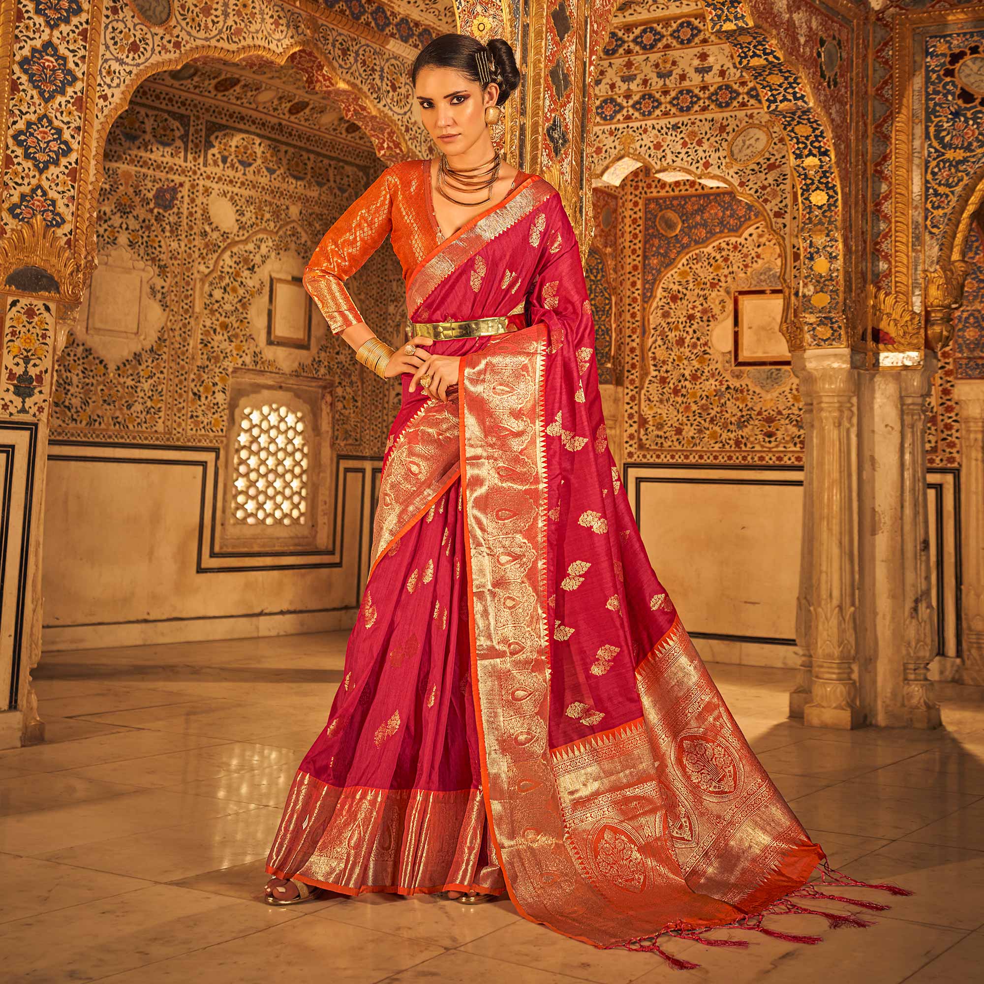 Pink Floral Woven Tussar Silk Saree