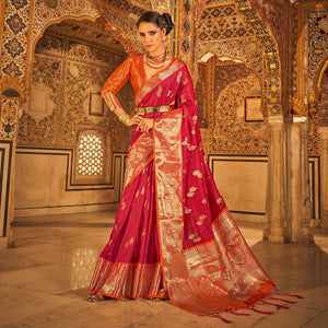 Pink Floral Woven Tussar Silk Saree