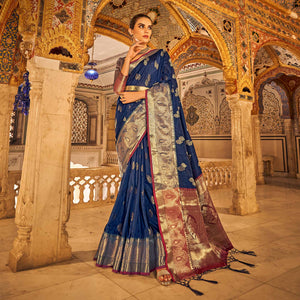 Blue Floral Woven Tussar Silk Saree