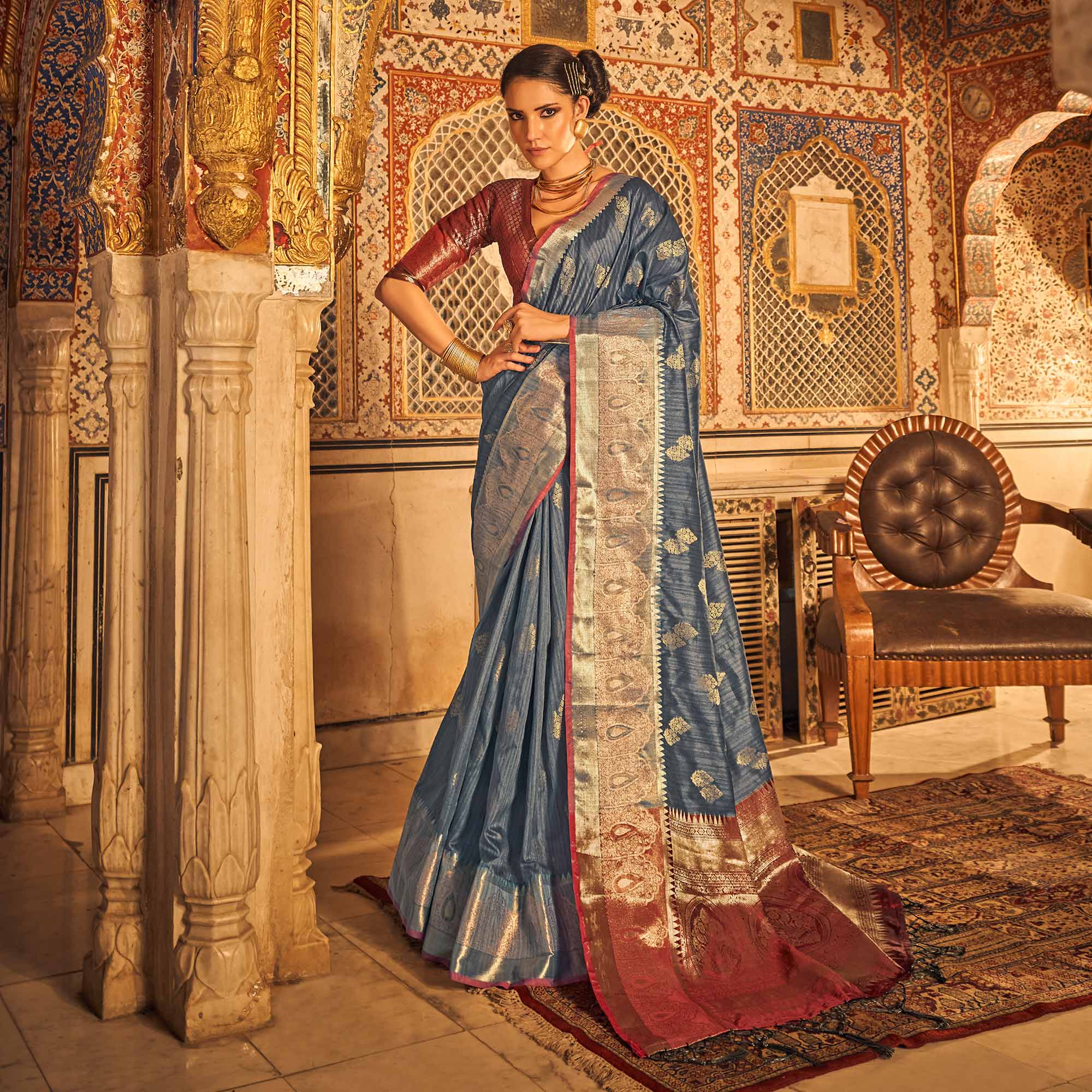 Grey Floral Woven Tussar Silk Saree