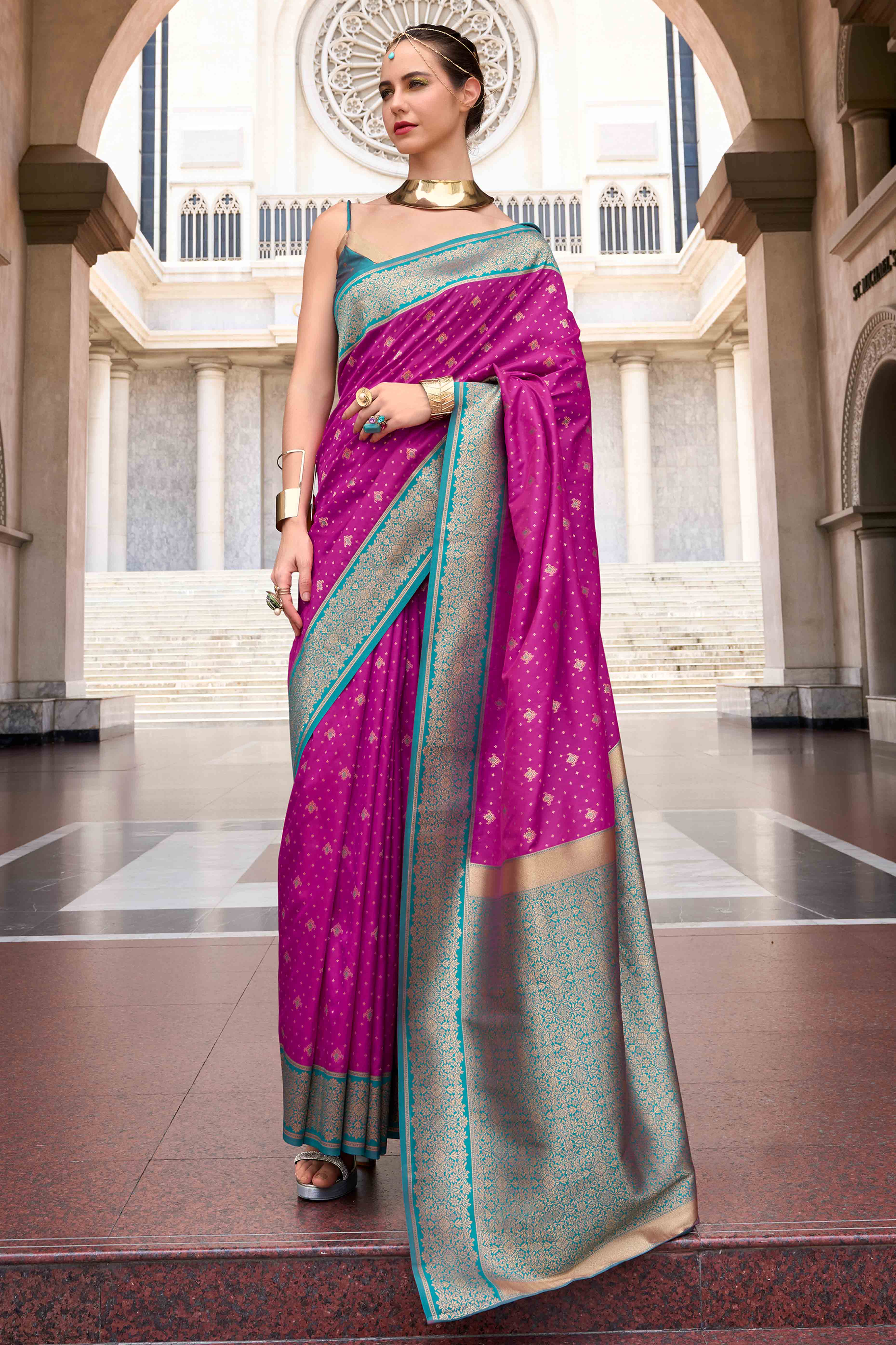 Magenta Floral Woven Pure Silk Saree