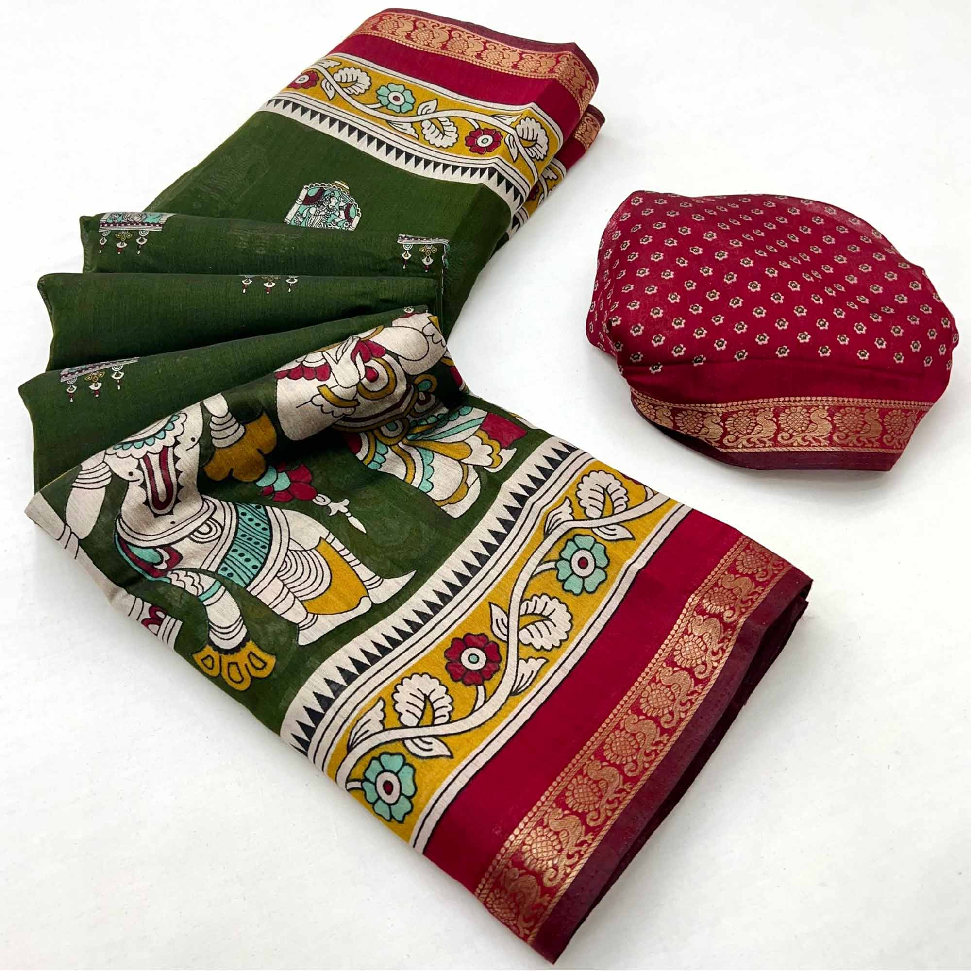 Mangalagiri Cotton Silk Saree in Green with Artistic Pattachitra Prints