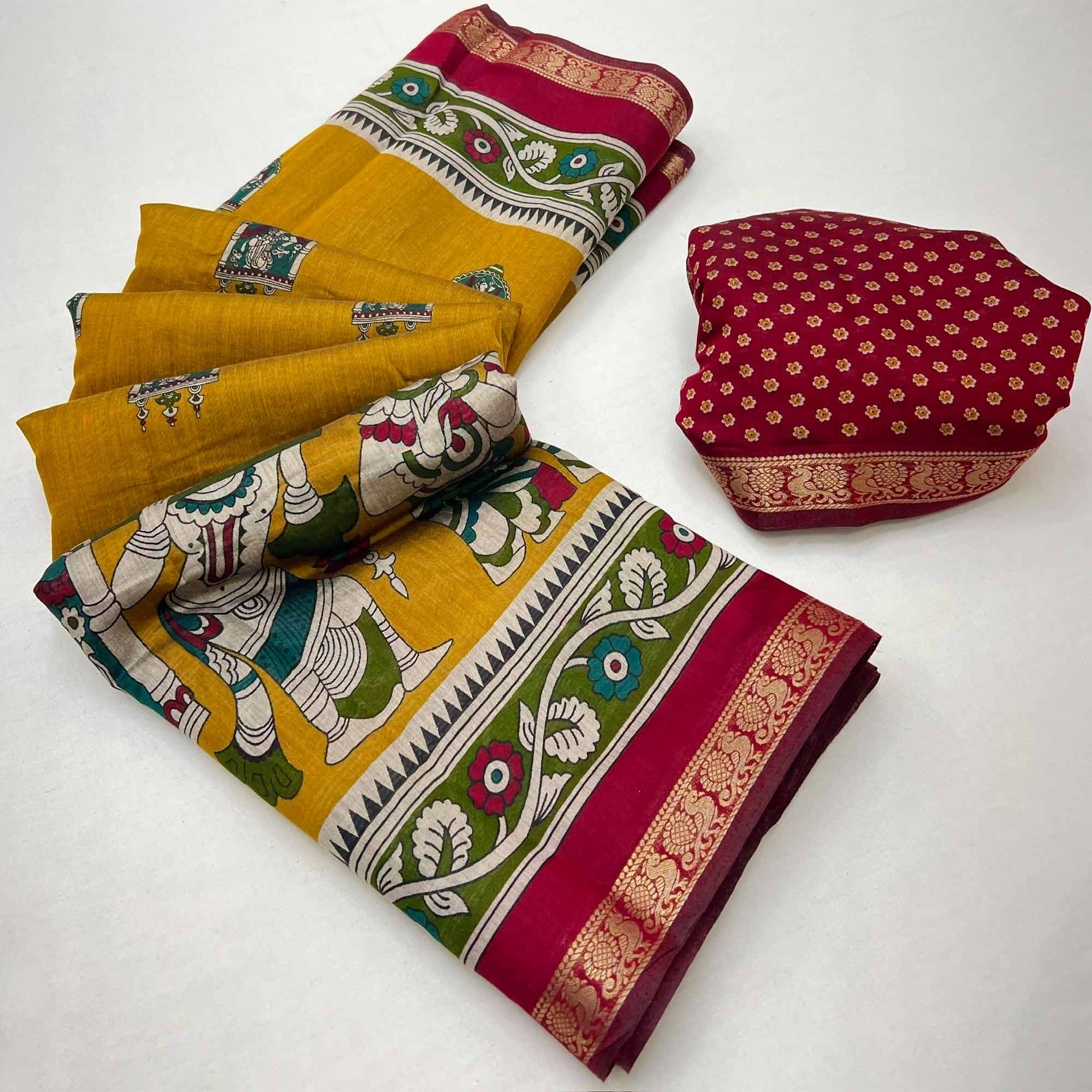 Mangalagiri Cotton Silk Saree in Mustard with Artistic Pattachitra Prints