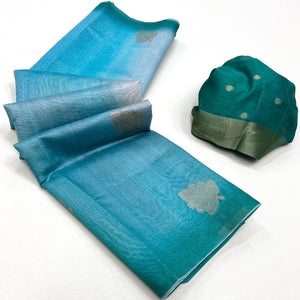 Teal Blue Silk Blend Saree With Intricate Zari Leaf Motifs