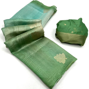 Green Silk Blend Saree With Intricate Zari Leaf Motifs
