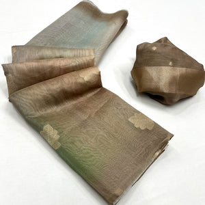 Chikoo Silk Blend Saree With Intricate Zari Leaf Motifs