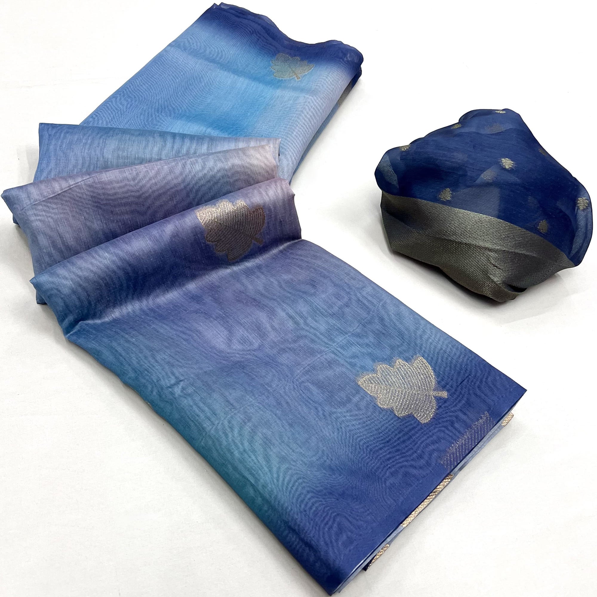 Blue Silk Blend Saree With Intricate Zari Leaf Motifs