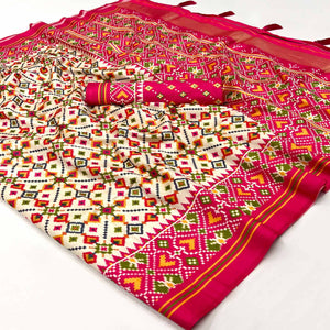 Off White Patola Printed Tussar Silk Saree With Tassels