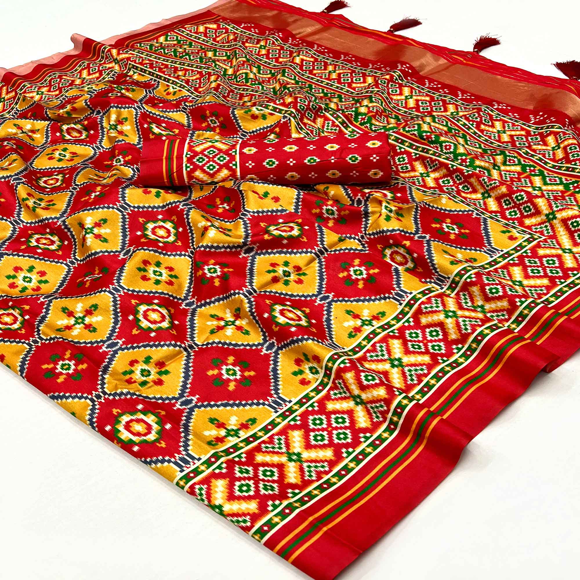 Red & Yellow Patola Printed Tussar Silk Saree With Tassels