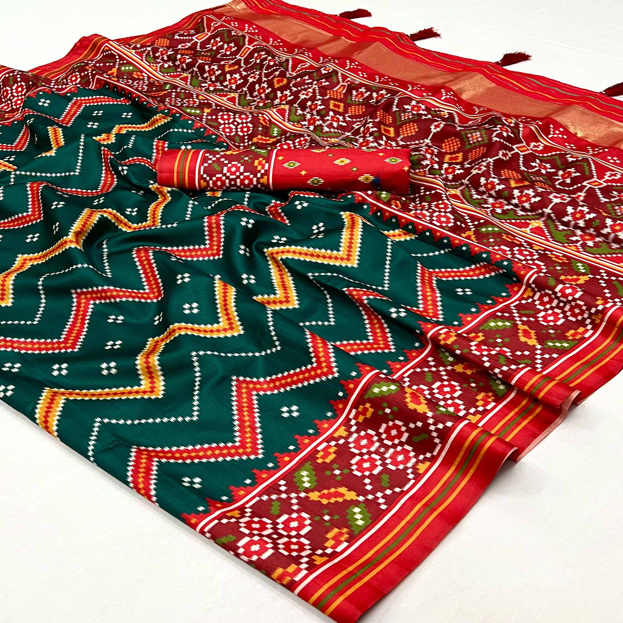 Teal Green Patola Printed Tussar Silk Saree With Tassels