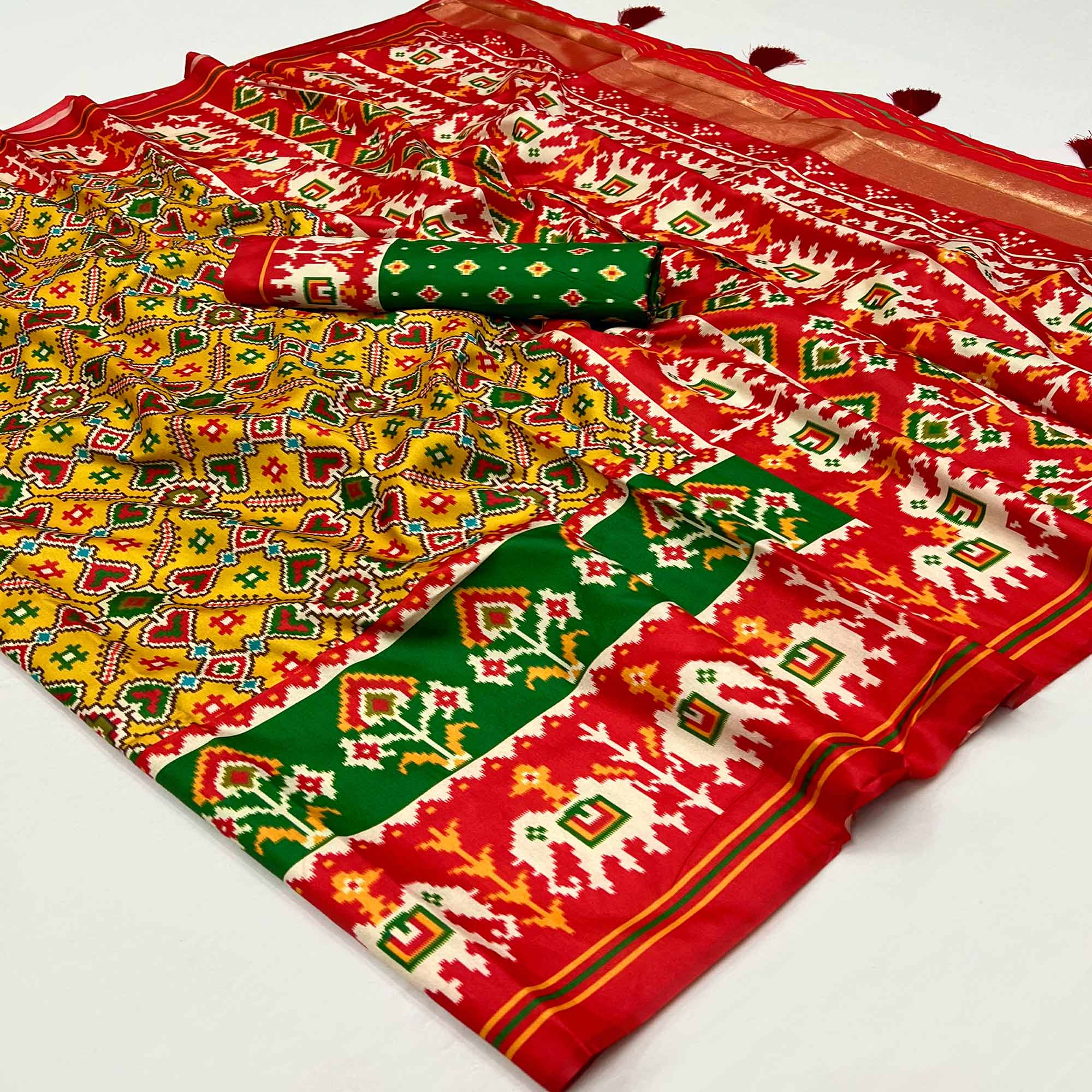 Yellow Patola Printed Tussar Silk Saree With Tassels