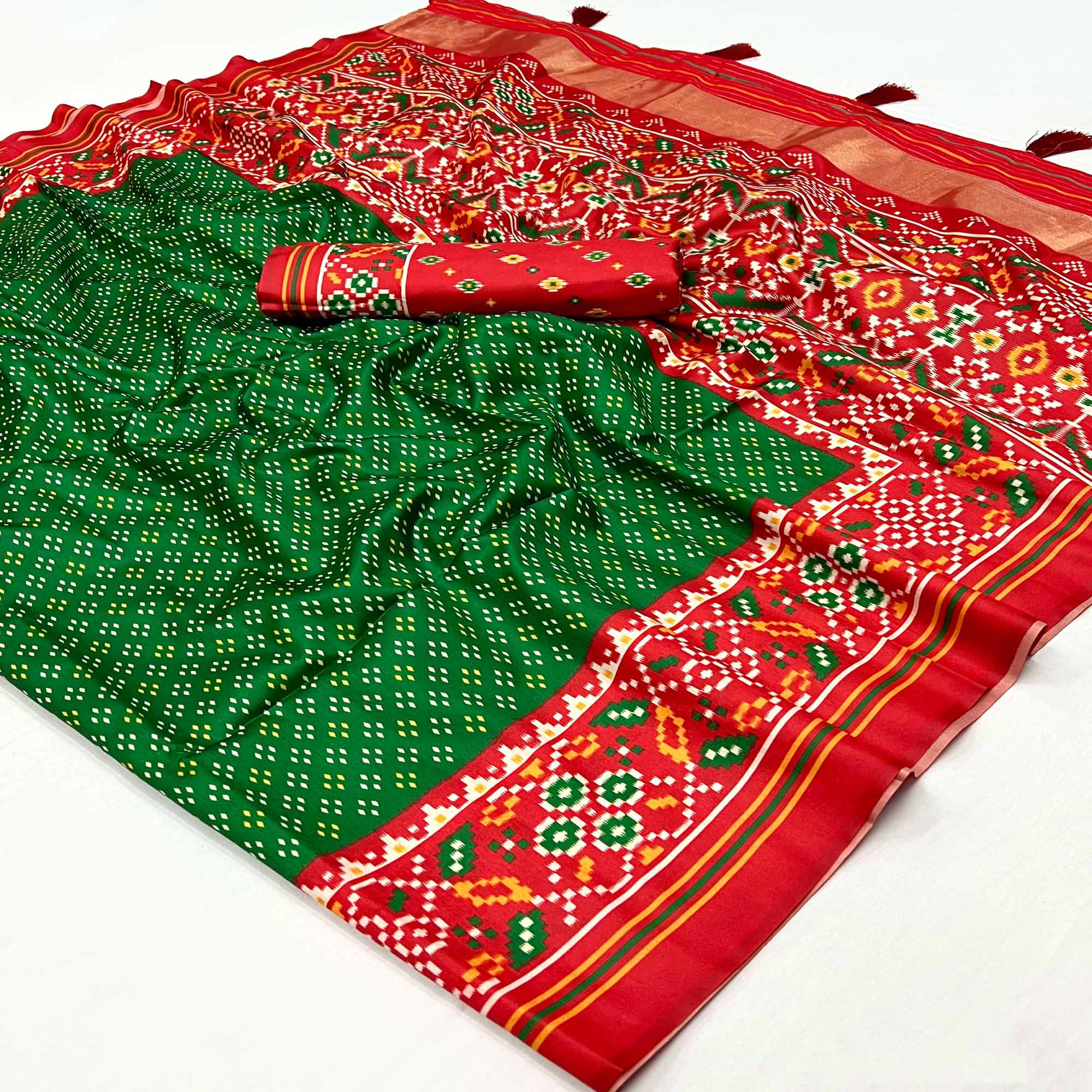 Green Patola Printed Tussar Silk Saree With Tassels
