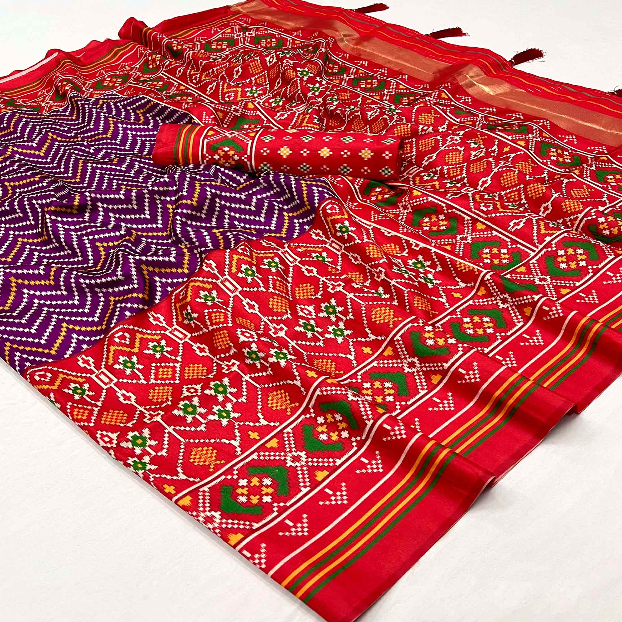 Purple & Red Patola Printed Tussar Silk Saree With Tassels