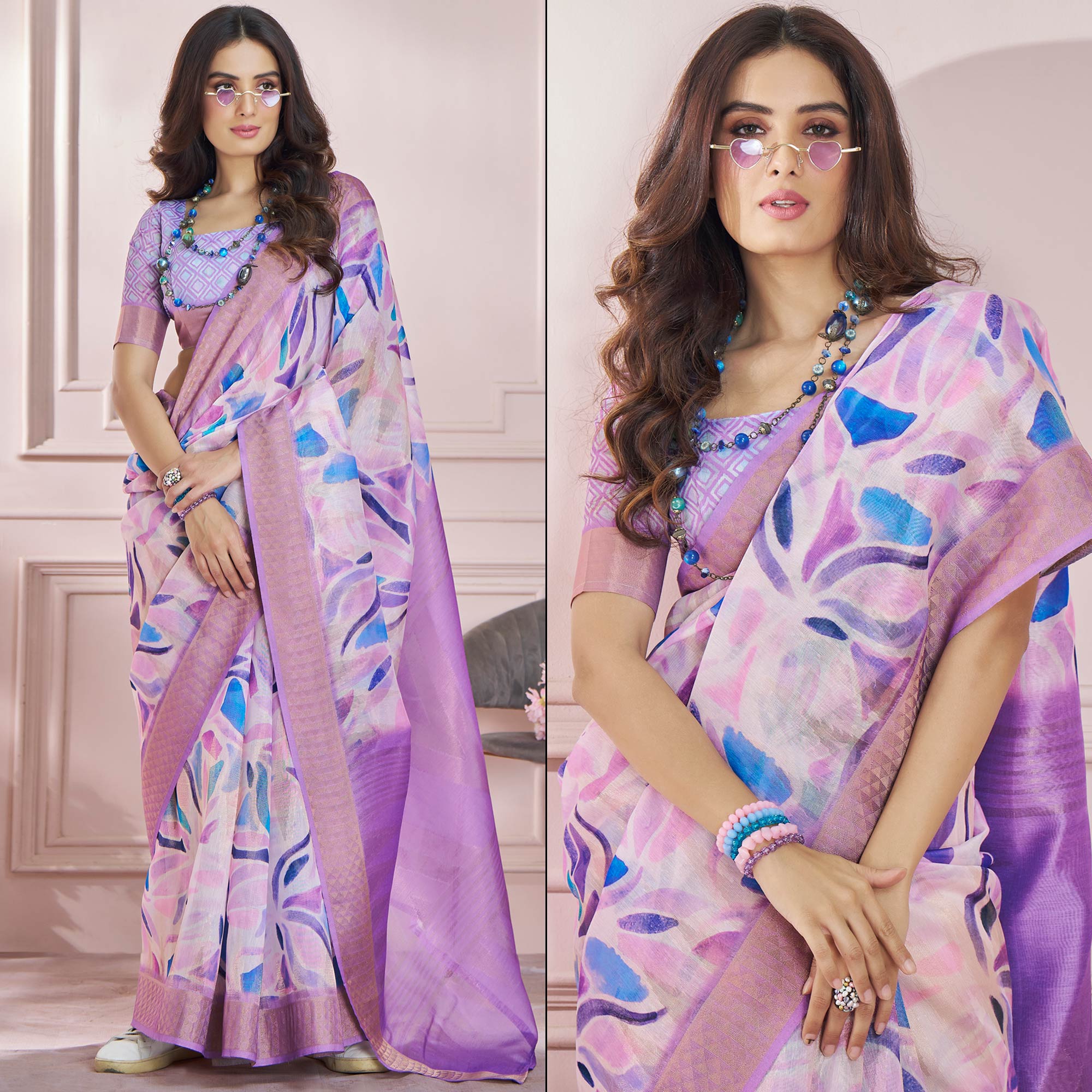 Purple Printed Woven Soft Banarasi Silk Saree