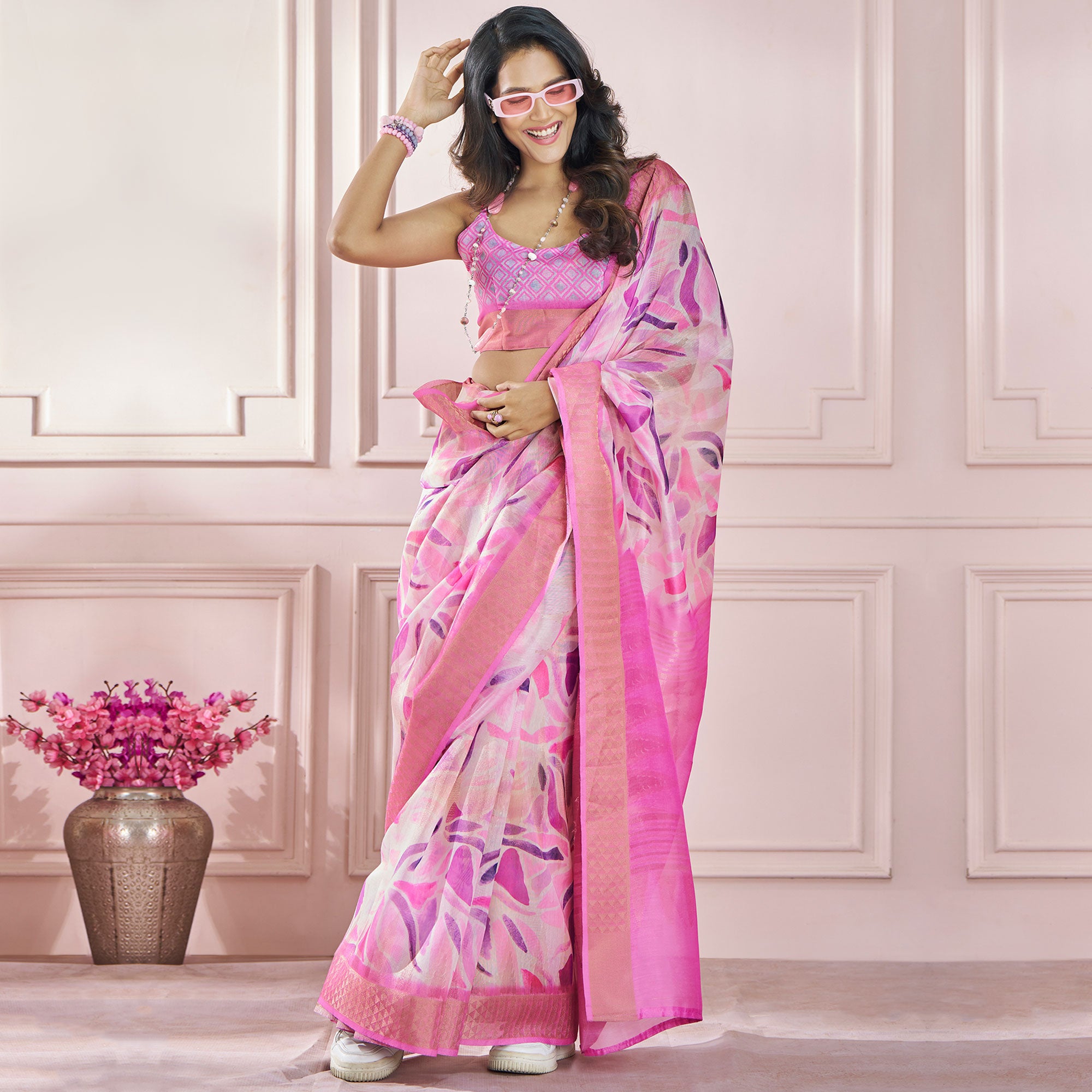 Pink Printed Woven Soft Banarasi Silk Saree