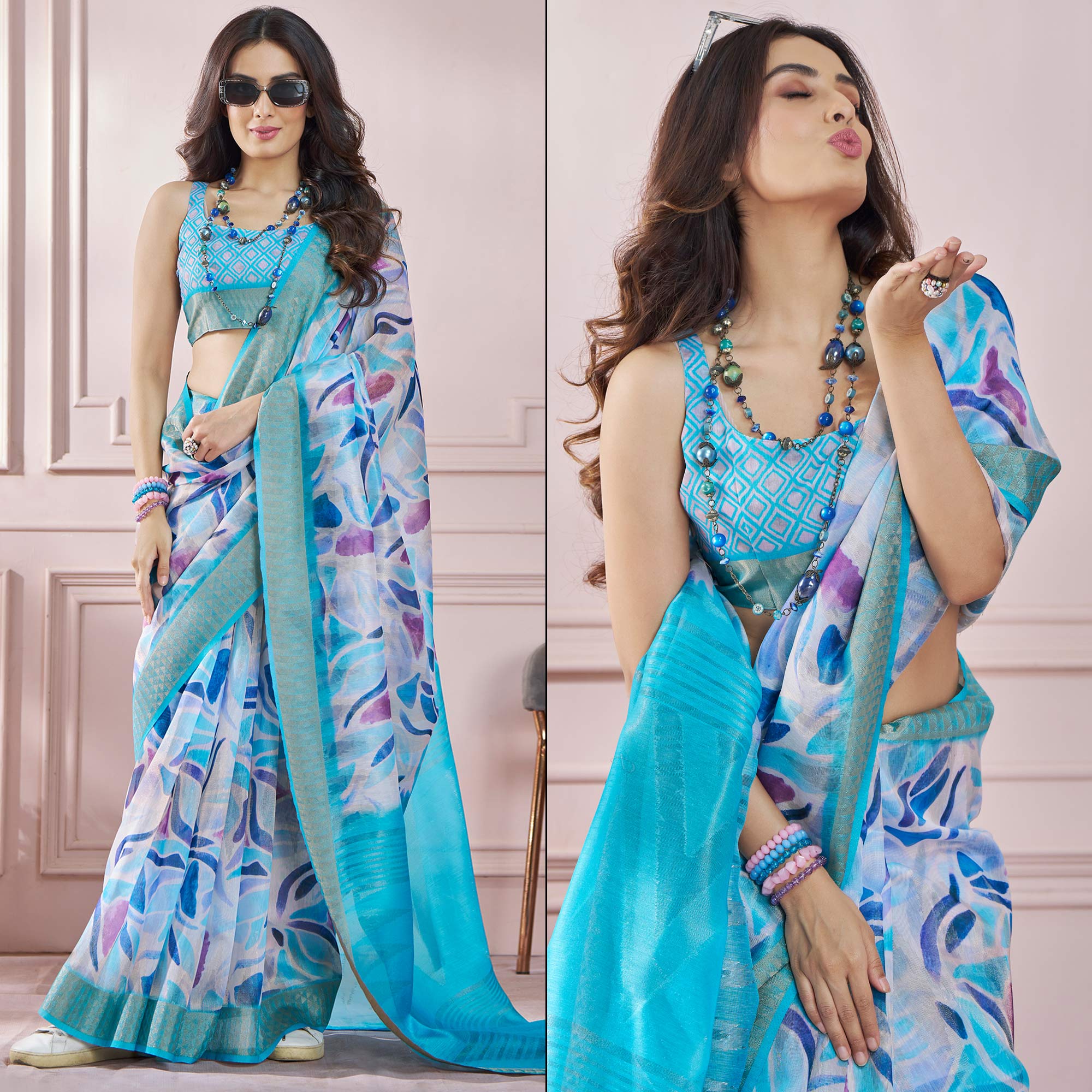 Blue Printed Woven Soft Banarasi Silk Saree