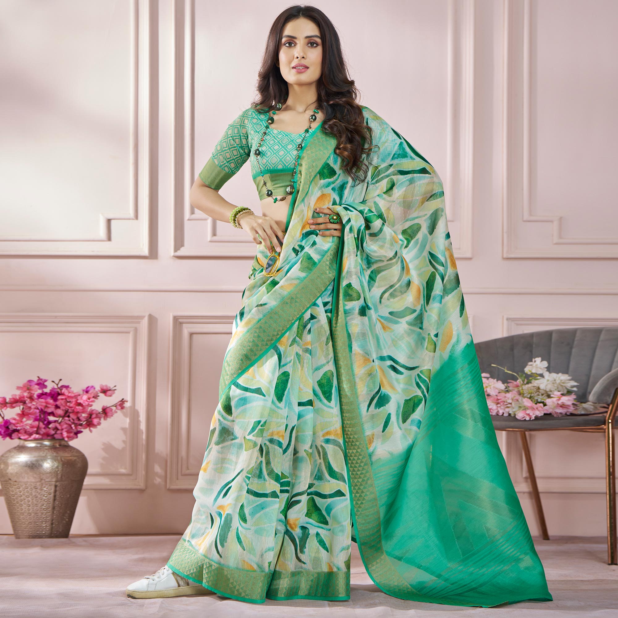 Green Printed Woven Soft Banarasi Silk Saree