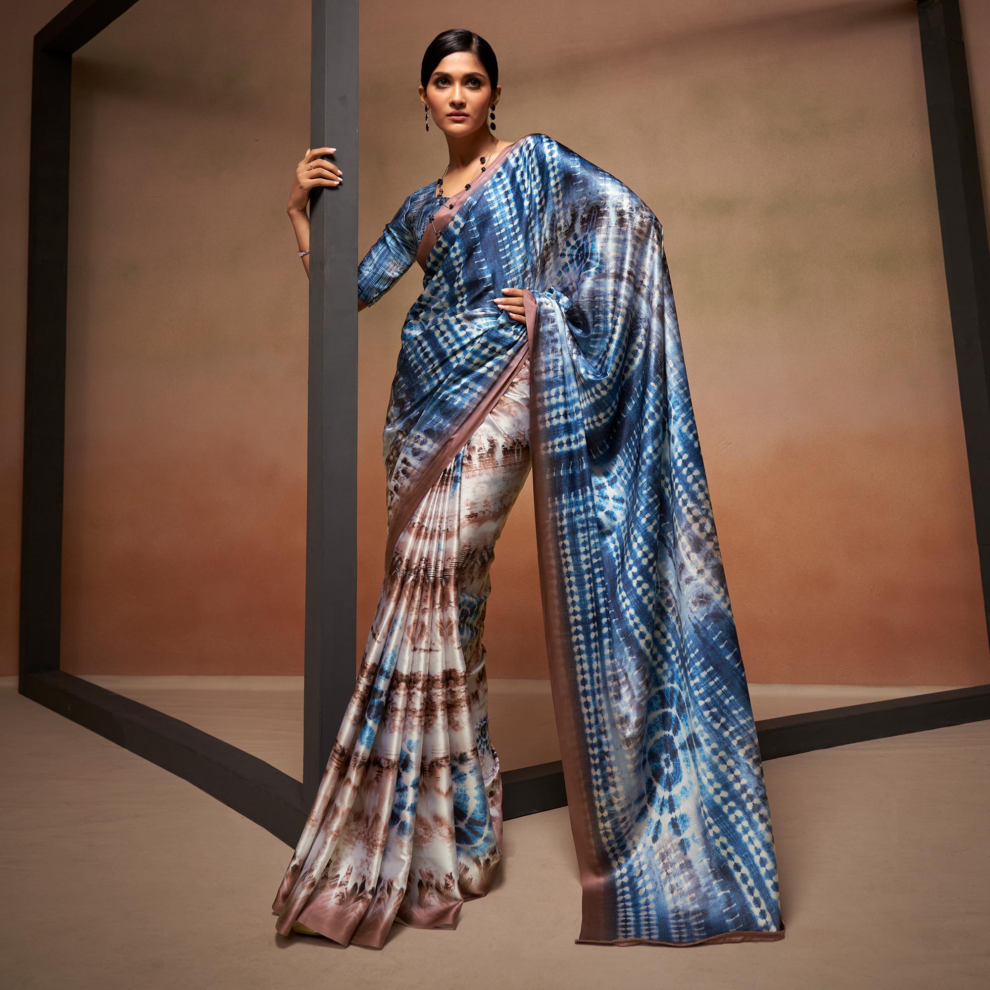 Blue & Cream Digital Printed Satin Saree