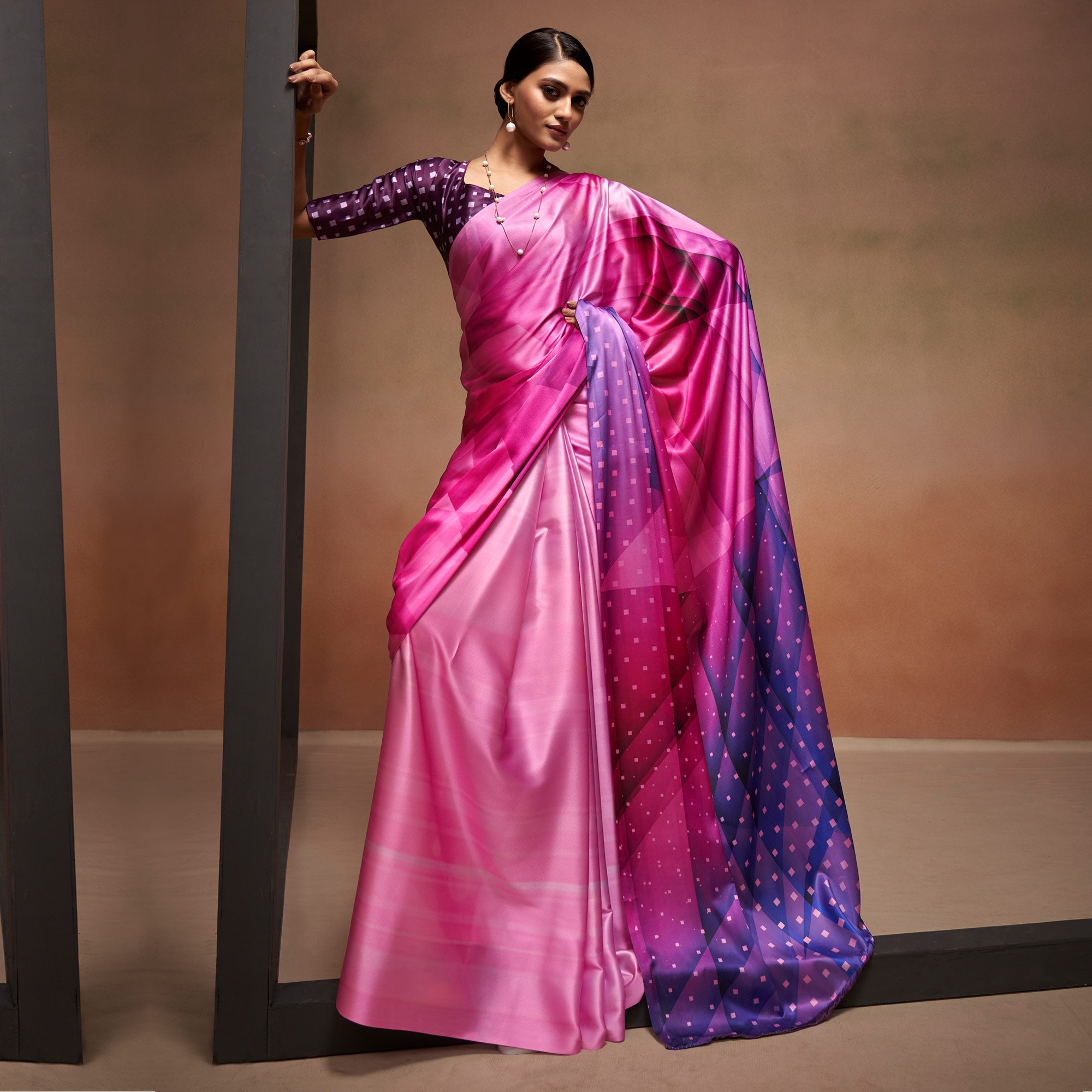Pink Digital Printed Satin Saree